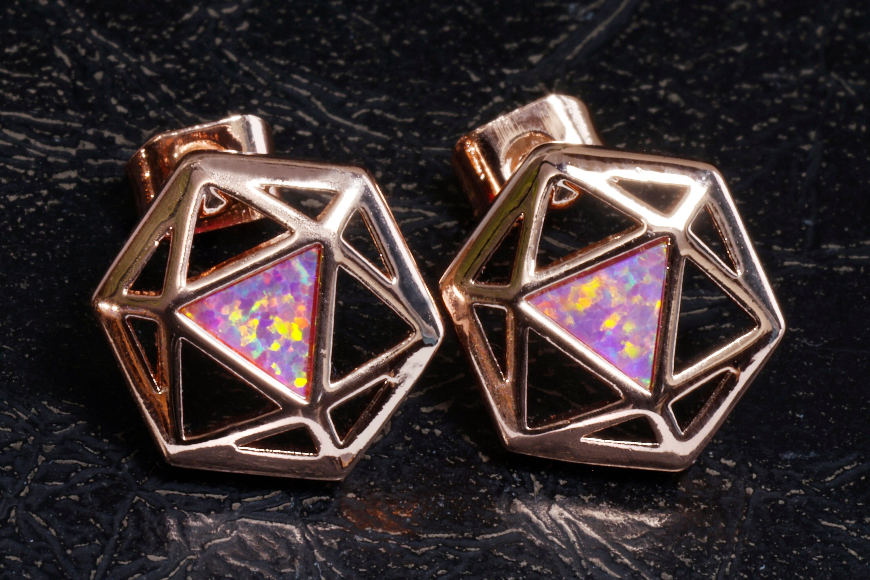 D20 Dice stud earrings, Rose gold dice earrings with light red opal - The Wizard's Vault
