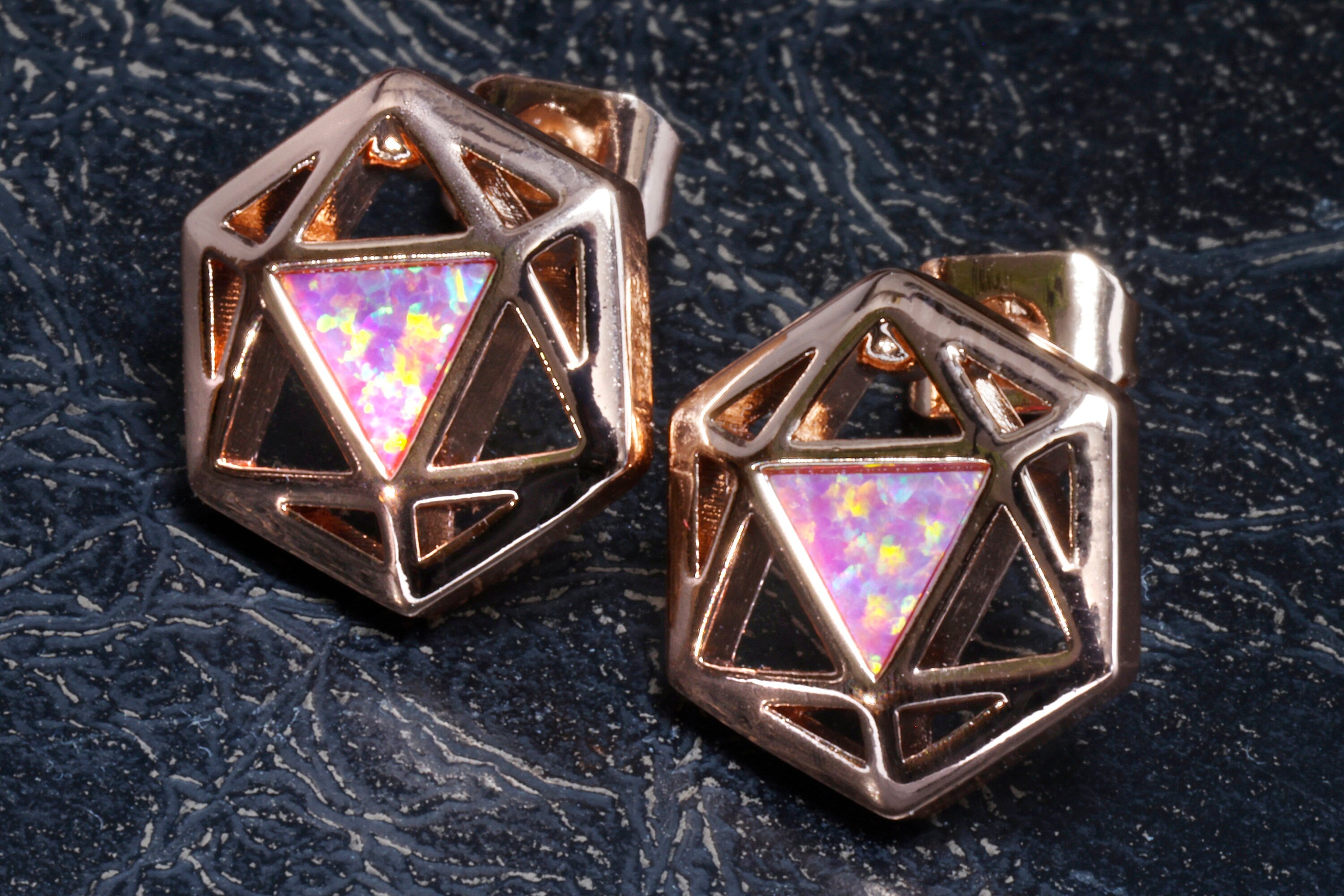 D20 Dice stud earrings, Rose gold dice earrings with light red opal - The Wizard's Vault