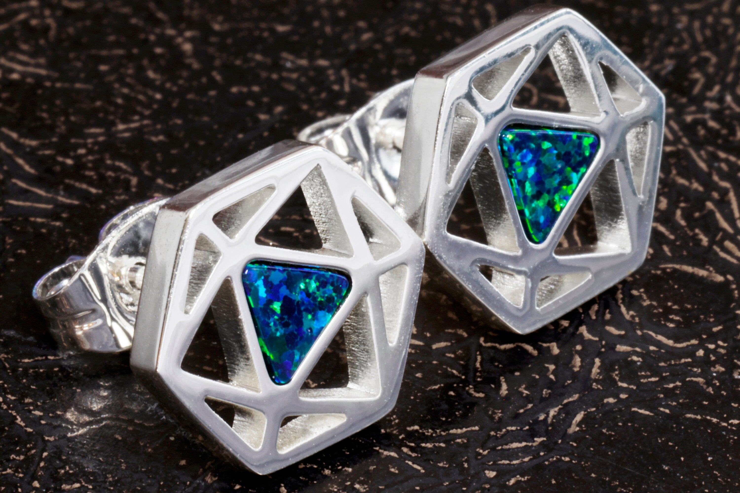 D20 Dice stud earrings, Dice earrings with dark blue black opal - The Wizard's Vault