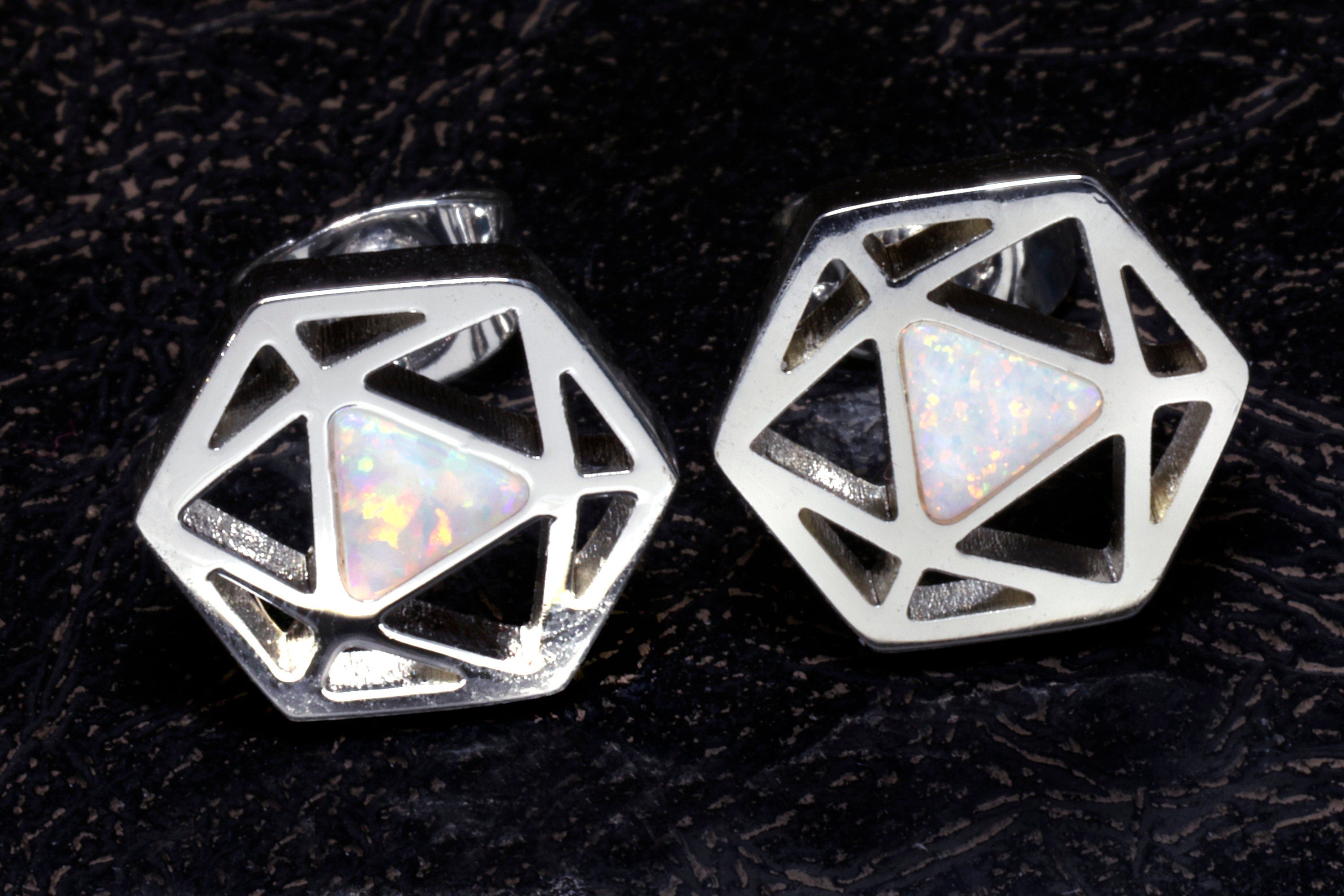 D20 Dice stud earrings, Dice earrings with ice white opal - The Wizard's Vault