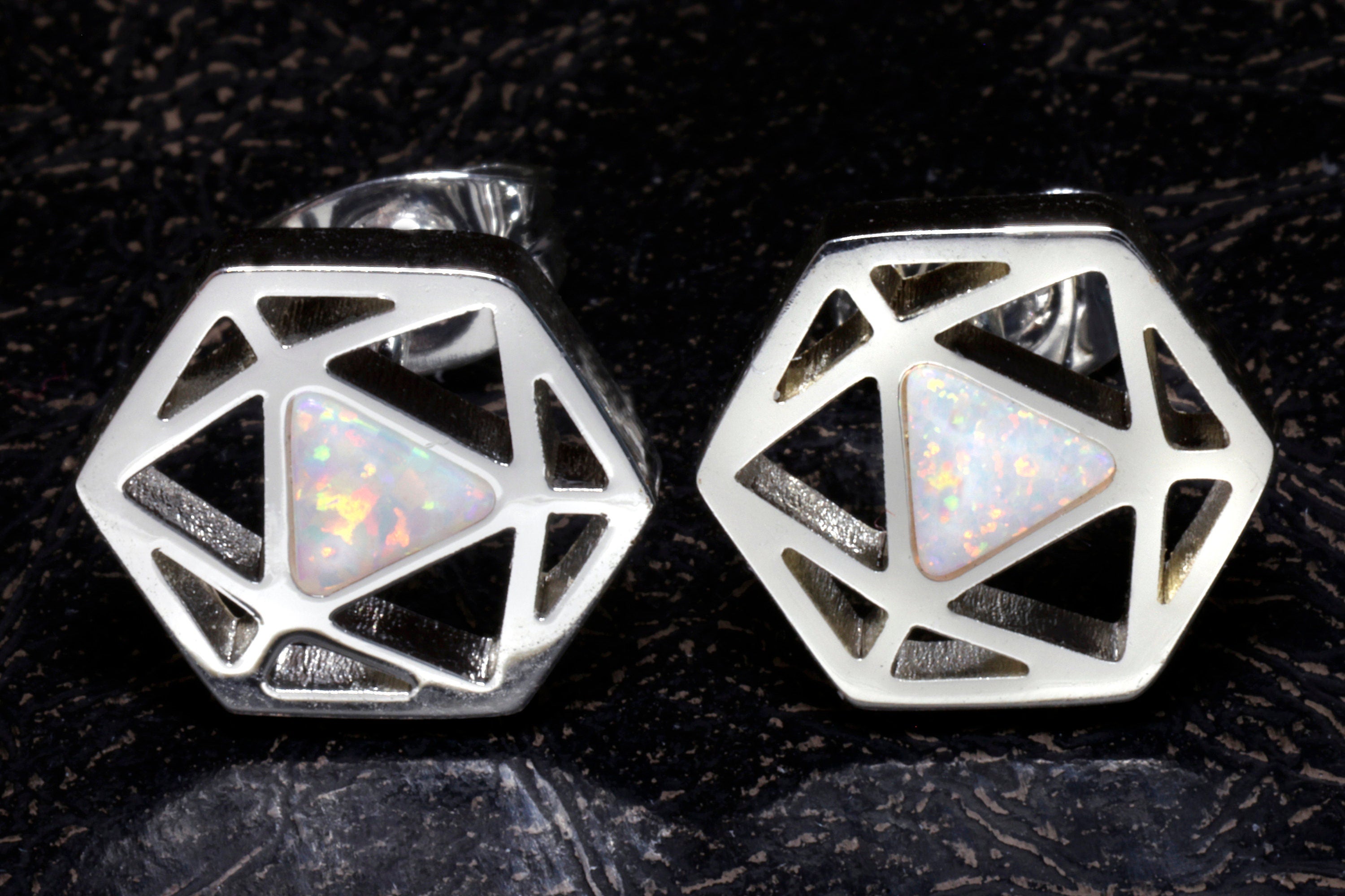 D20 Dice stud earrings, Dice earrings with ice white opal - The Wizard's Vault