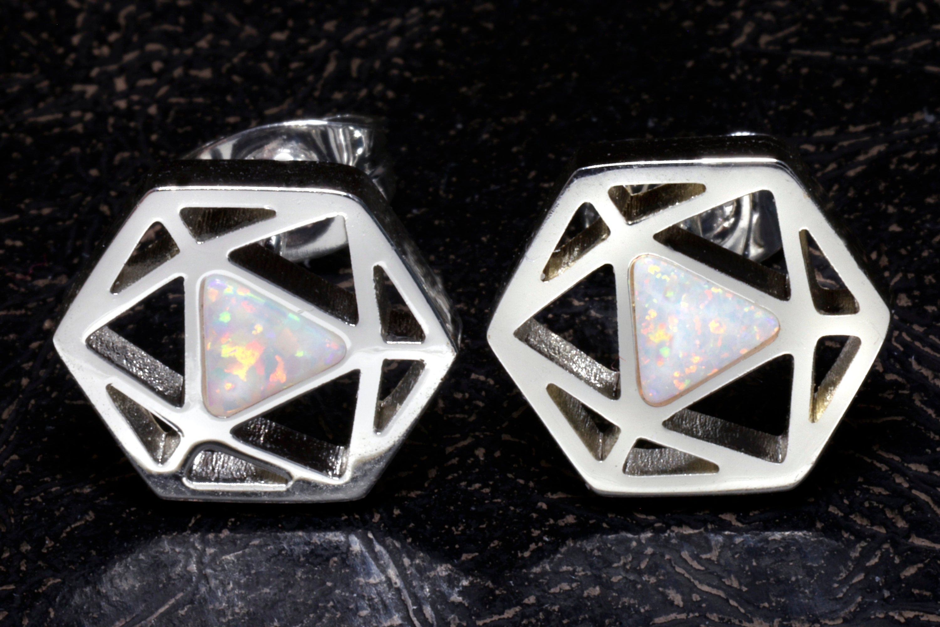 D20 Dice stud earrings, Dice earrings with ice white opal