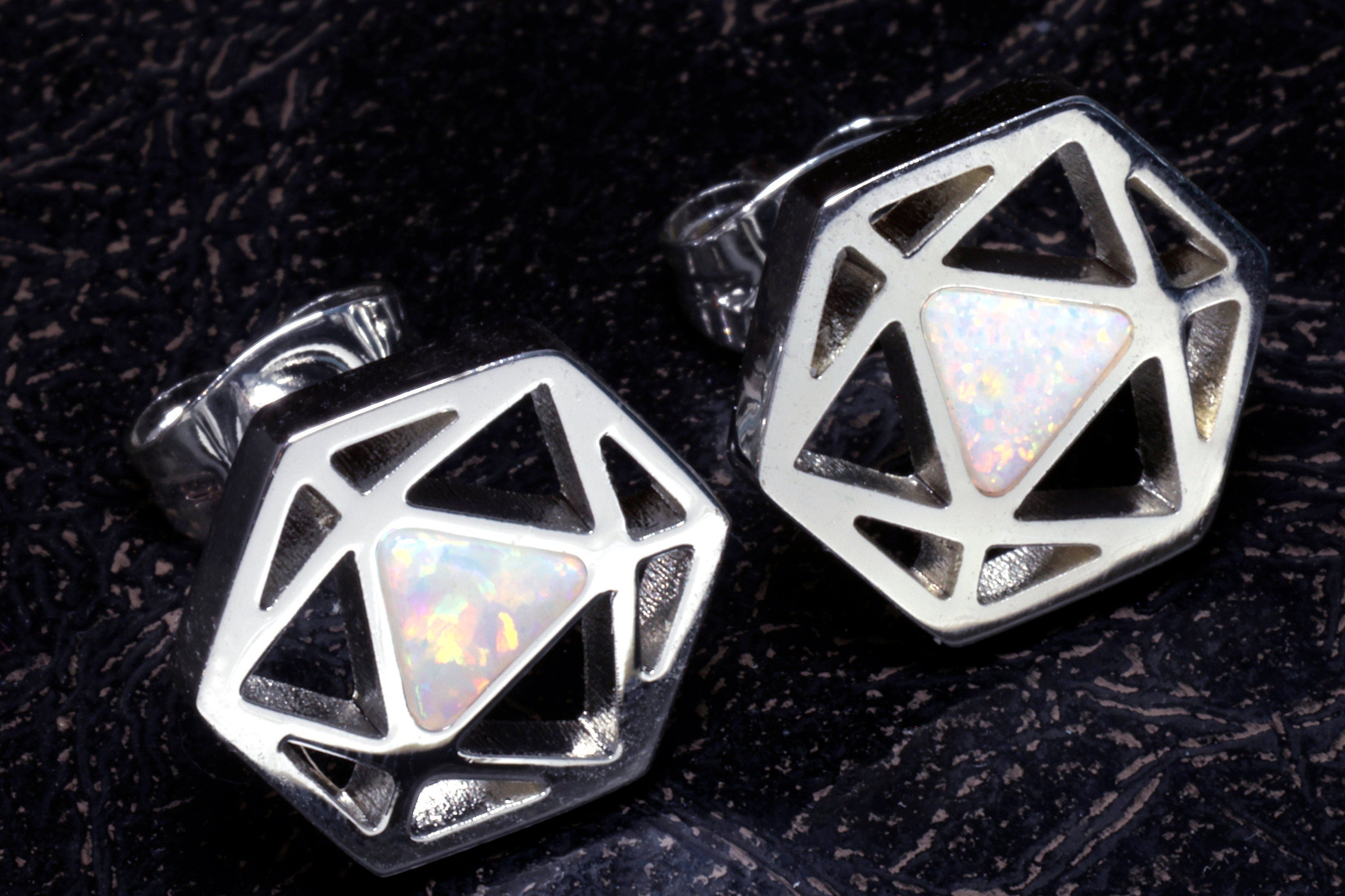 D20 Dice stud earrings, Dice earrings with ice white opal - The Wizard's Vault
