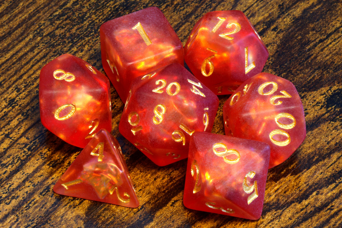 Dragon's Breath dice set - Red orange Holographic inclusions , Frosted - The Wizard's Vault