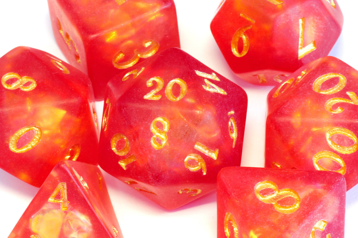 Dragon's Breath dice set - Red orange Holographic inclusions , Frosted - The Wizard's Vault