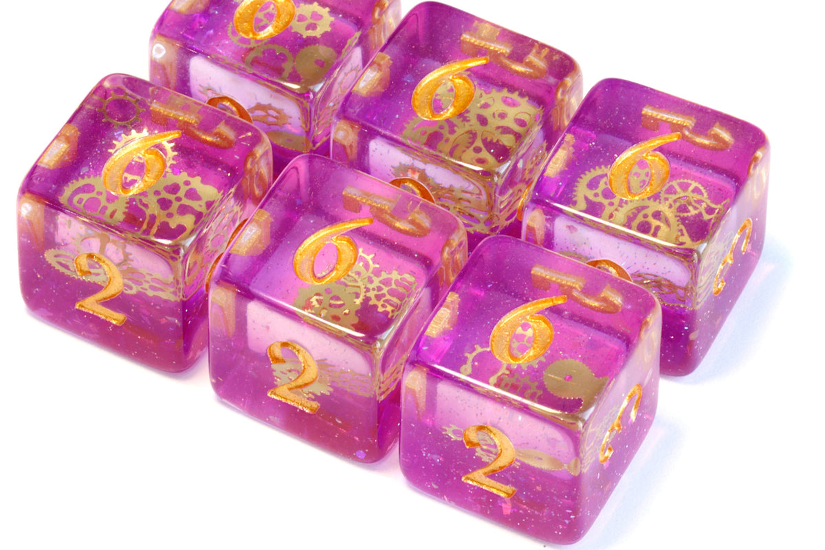 Arcane Sprockets D6 Dice, Purple glittery layer with small golden gear - The Wizard's Vault