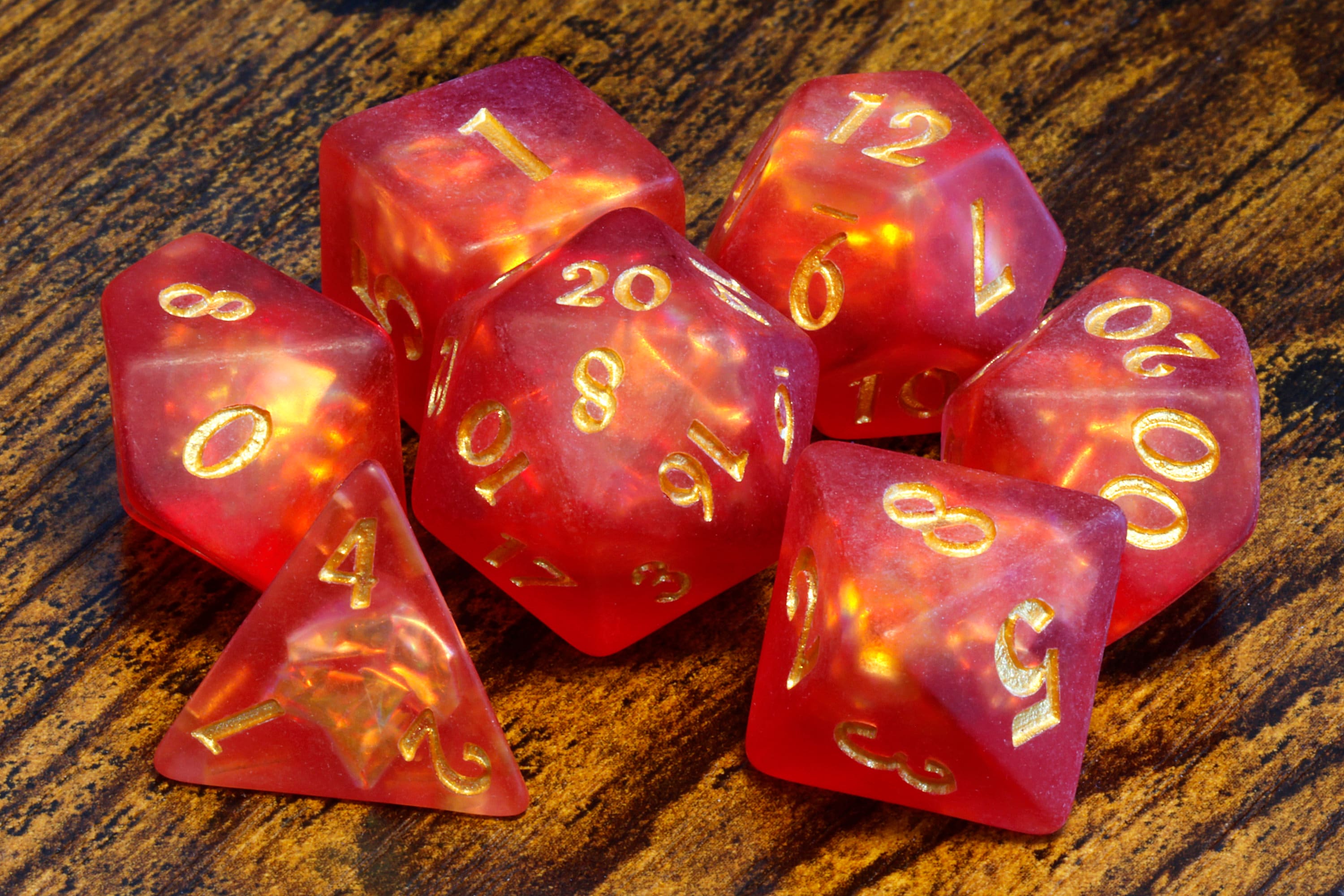 Dragon's Breath dice set - Red orange Holographic inclusions , Frosted - The Wizard's Vault