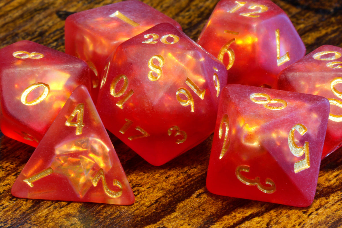 Dragon's Breath dice set - Red orange Holographic inclusions , Frosted - The Wizard's Vault
