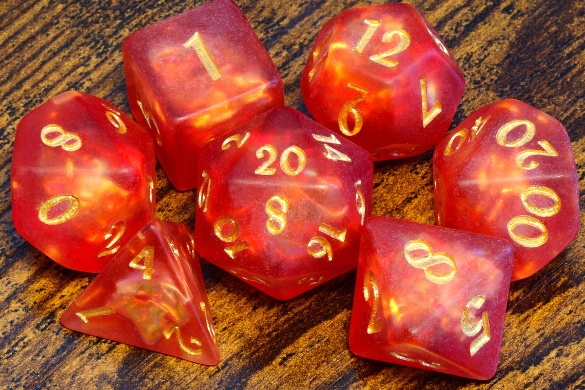 Dragon's Breath dice set - Red orange Holographic inclusions , Frosted - The Wizard's Vault