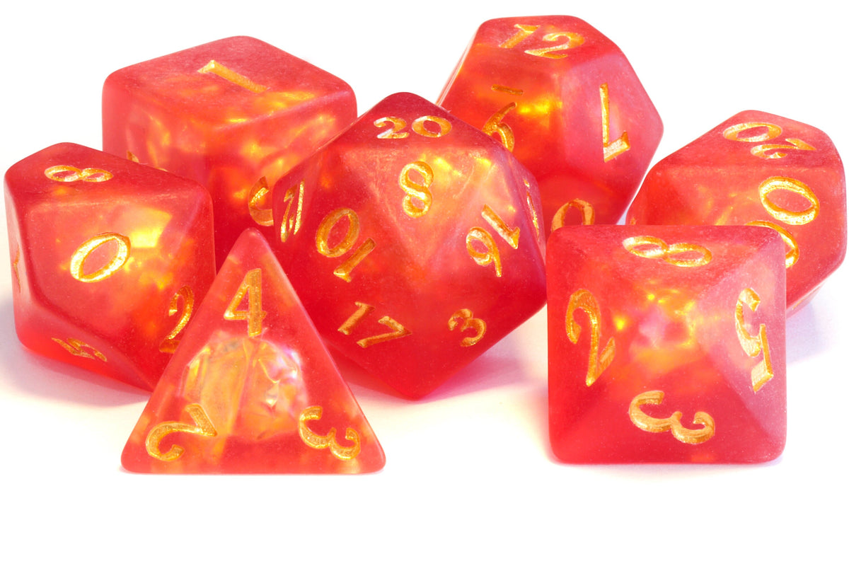 Dragon's Breath dice set - Red orange Holographic inclusions , Frosted - The Wizard's Vault