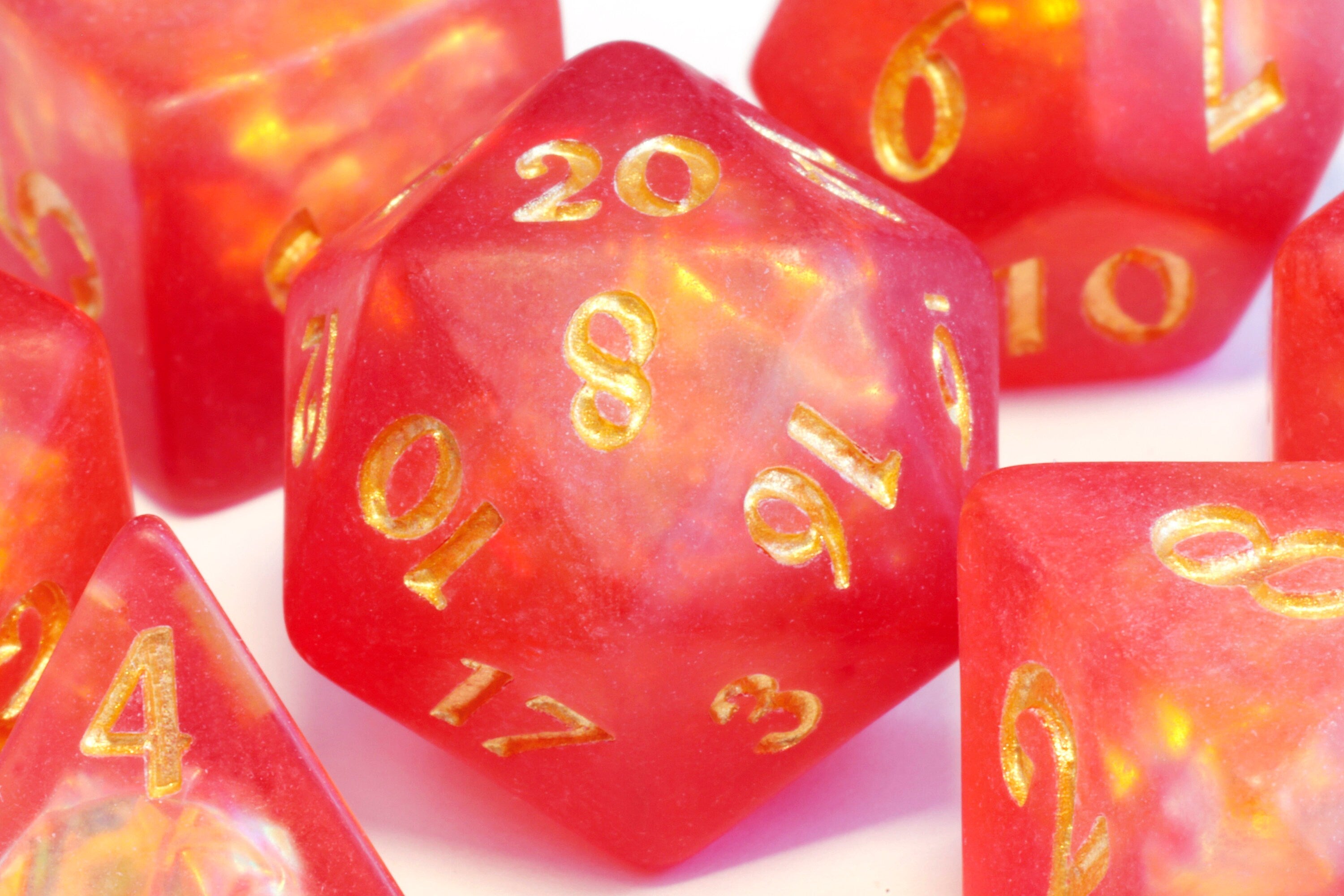 Dragon's Breath dice set - Red orange Holographic inclusions , Frosted - The Wizard's Vault