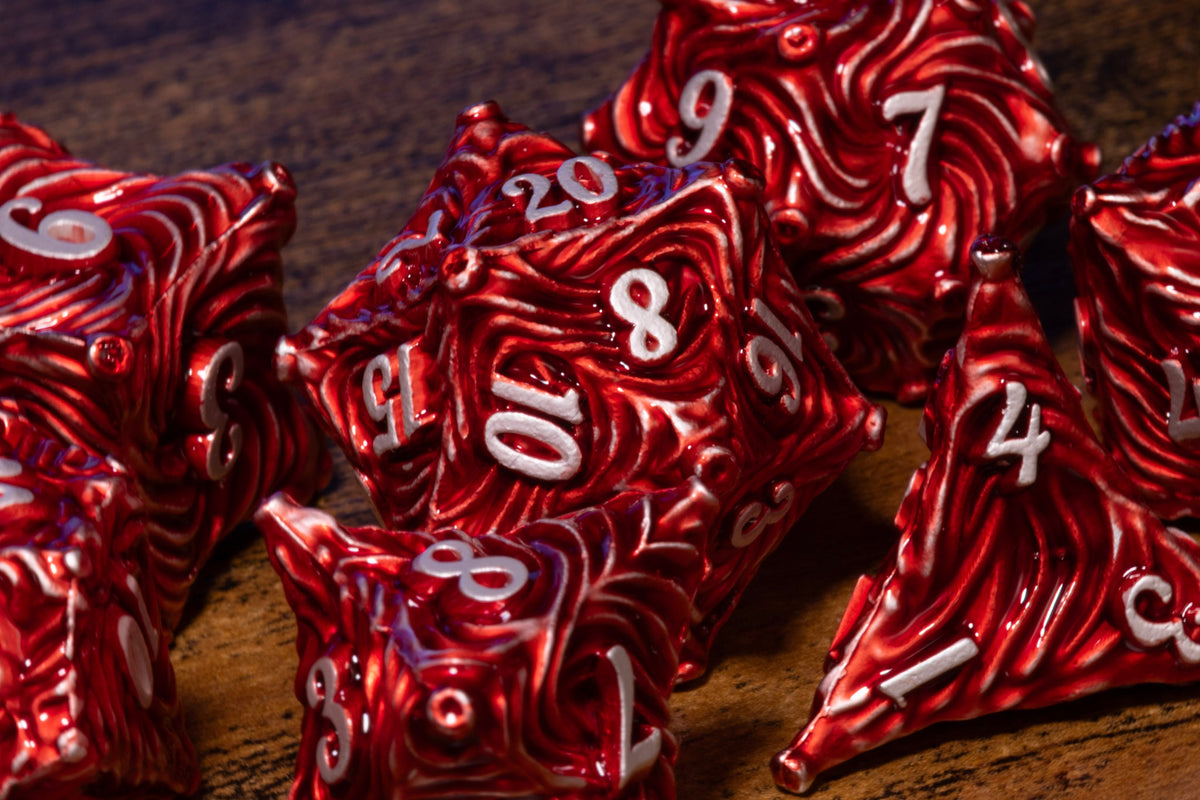 Vortex 7-Piece Metal Dice Set – Red with White Numbers