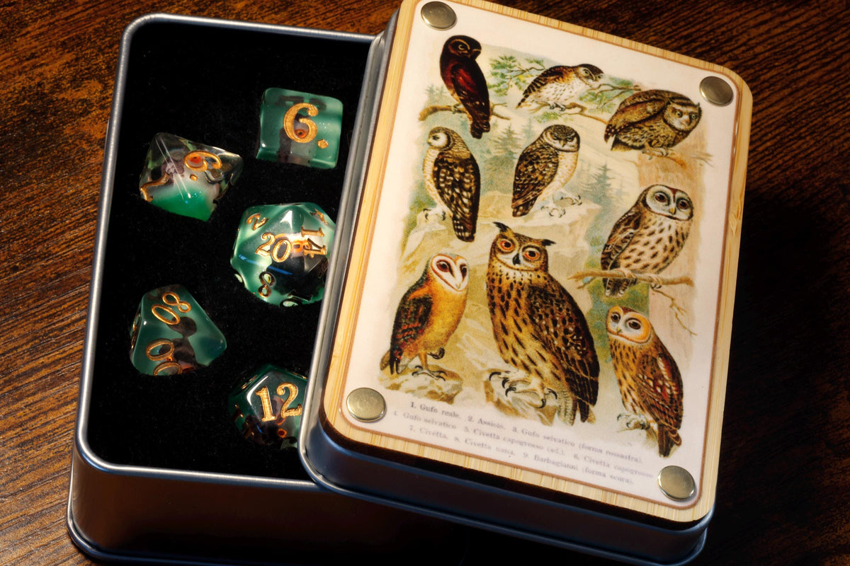 Natural History Owl Dice Box & 7-Piece Set – Owl Inclusions on Green Layer