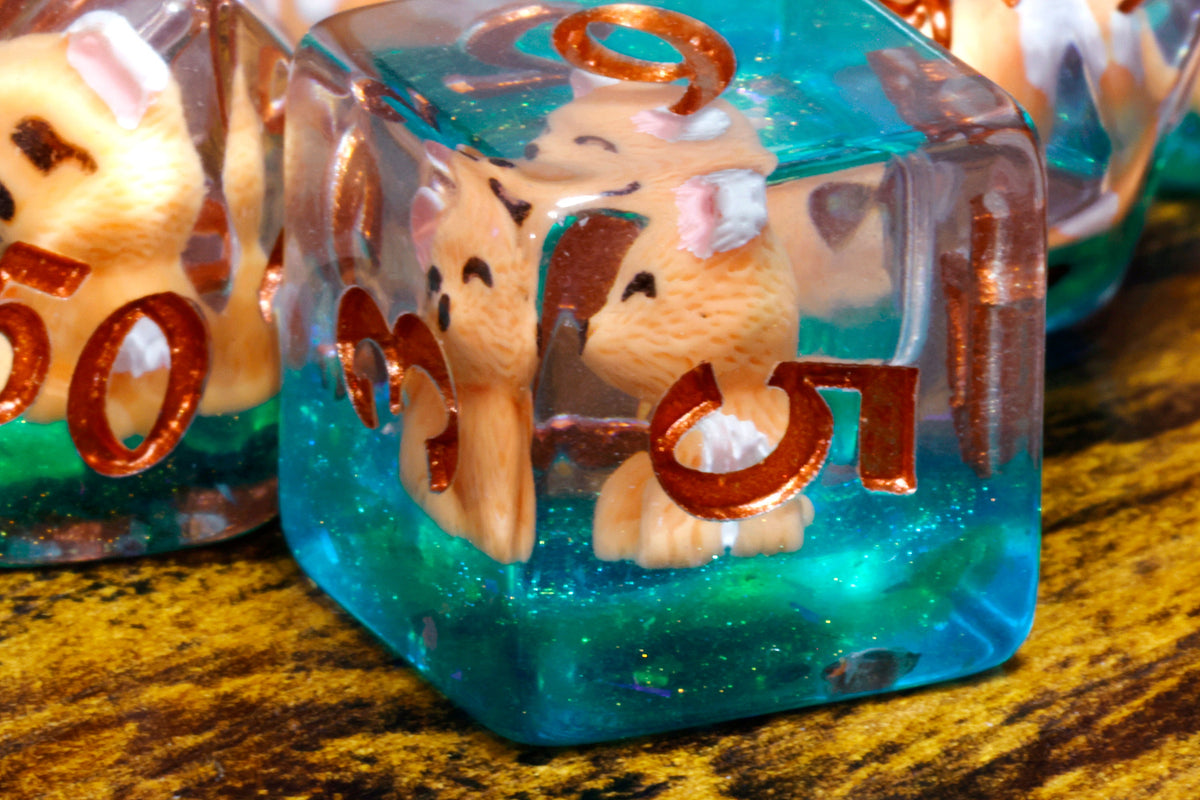 Fox Dice Set & Box – Red Fox Cubs on Green Glitter Layer