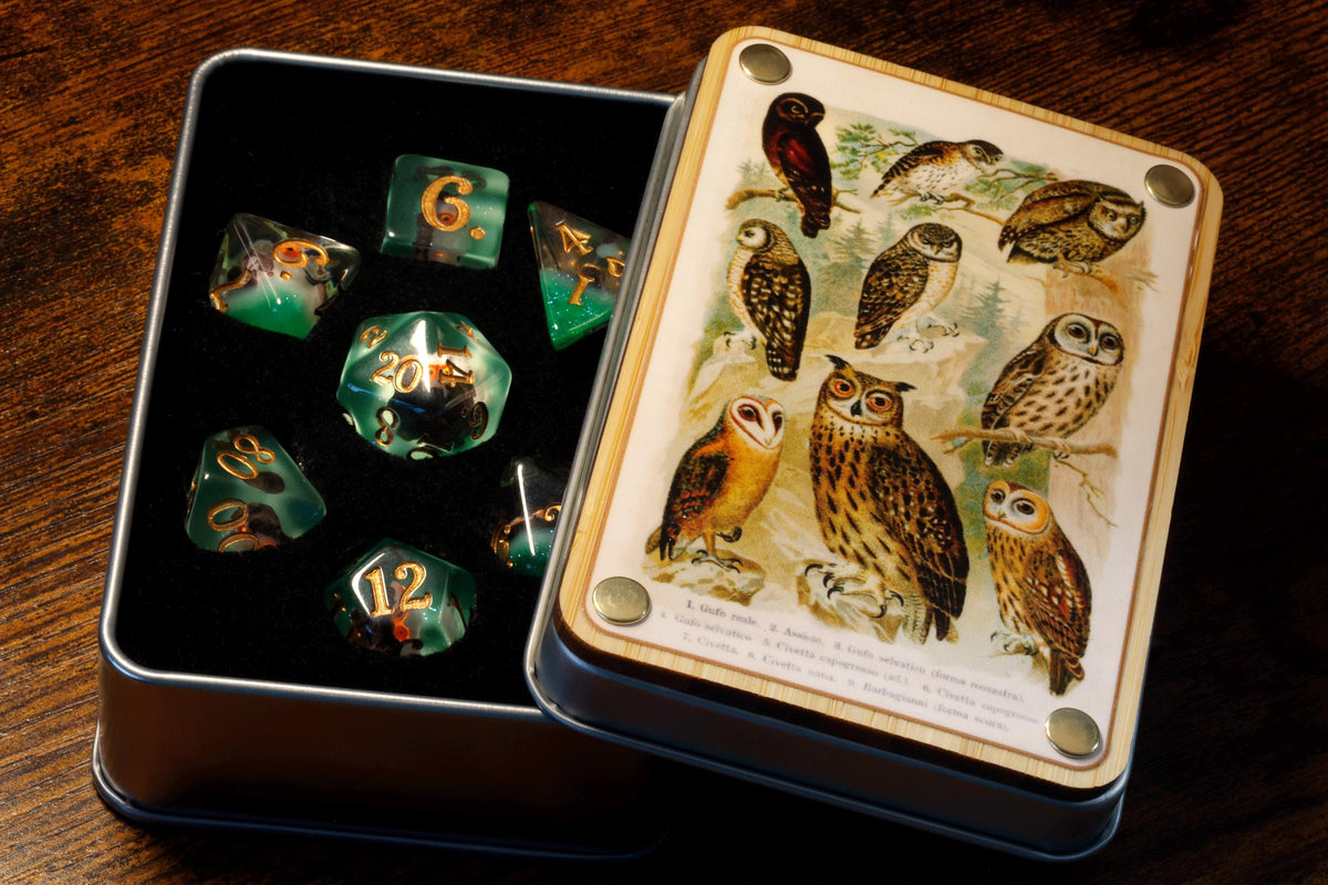 Natural History Owl Dice Box & 7-Piece Set – Owl Inclusions on Green Layer