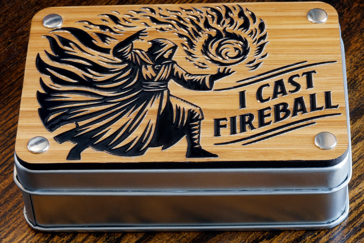 I Cast Fireball Dice Box & Fire Opal 12-Piece D6 Dice Set – Red-Orange, Holographic Glitter