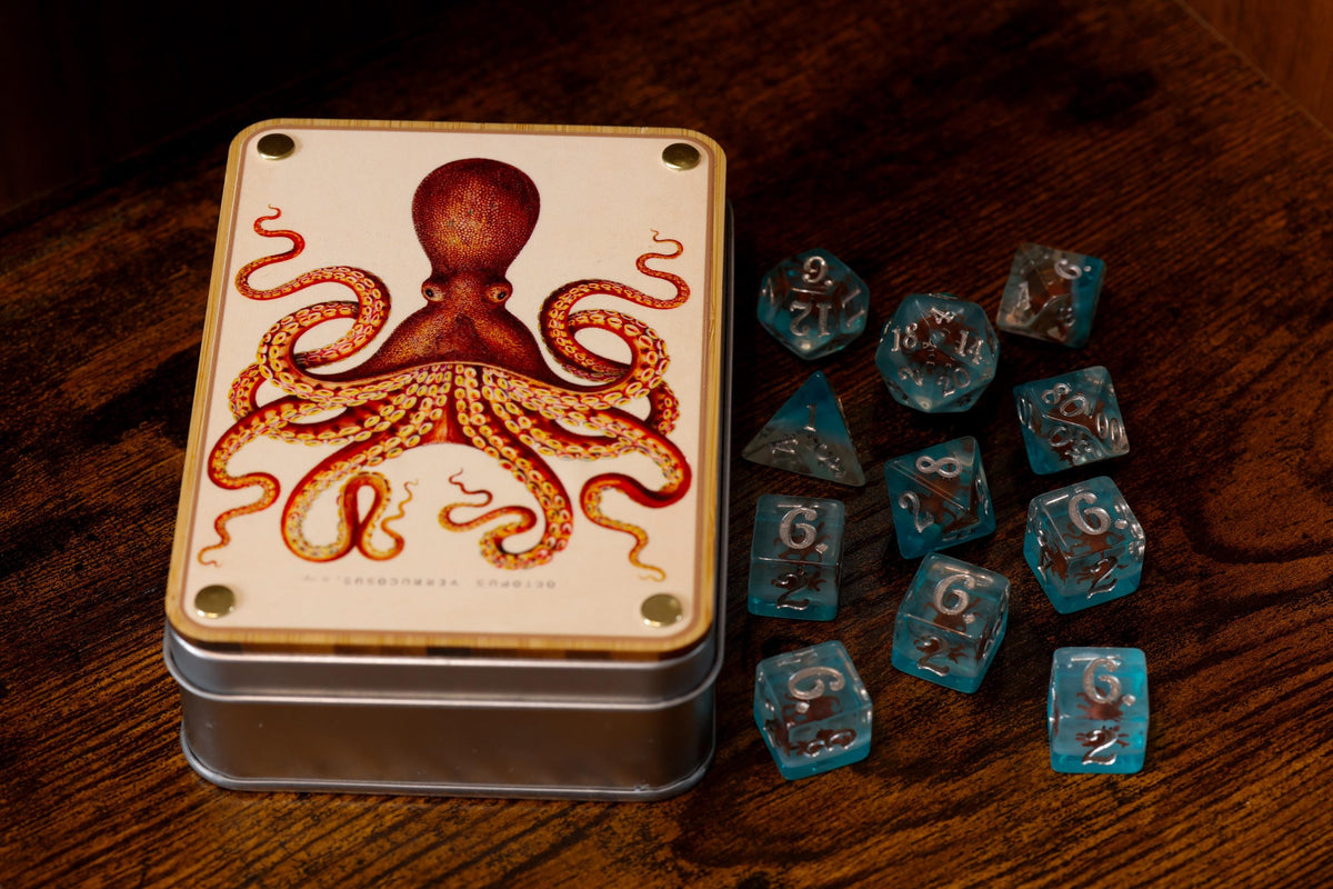 Natural History Octopus Dice Box & 11-Piece Set – Octopus Inclusions on Blue Layer