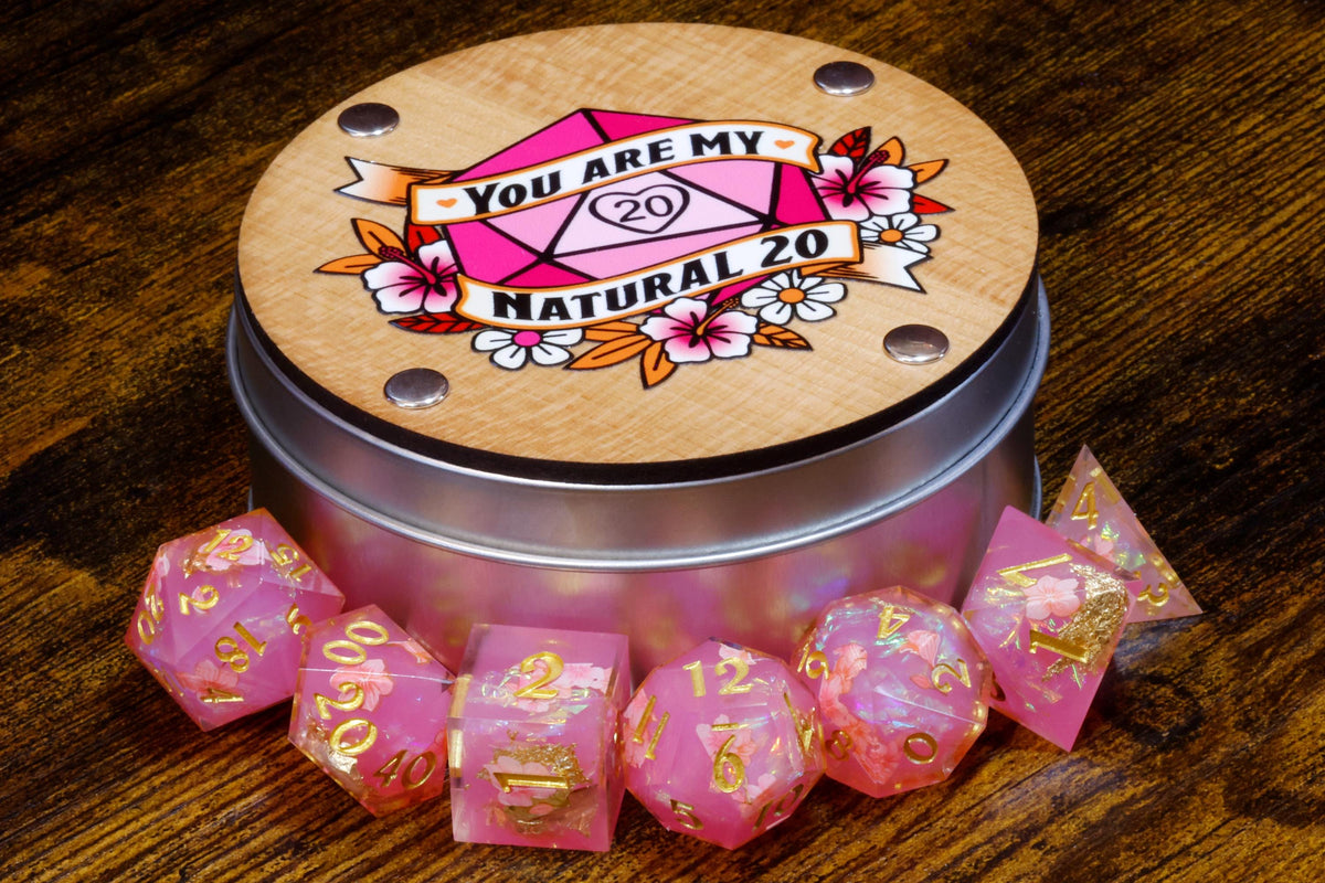 Hibiscus Dream 7-Piece Sharp Edge Dice Set & "You Are My Natural 20" Box