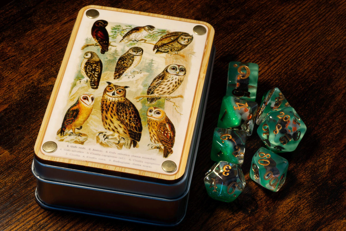 Natural History Owl Dice Box & 7-Piece Set – Owl Inclusions on Green Layer