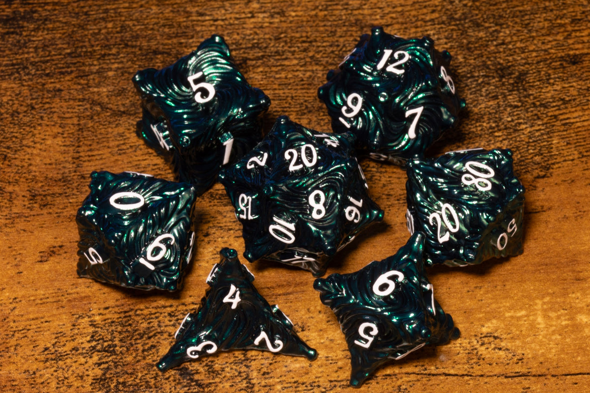 Vortex 7-Piece Metal Dice Set – Dark Teal Green Color-Shifting with White Numbers