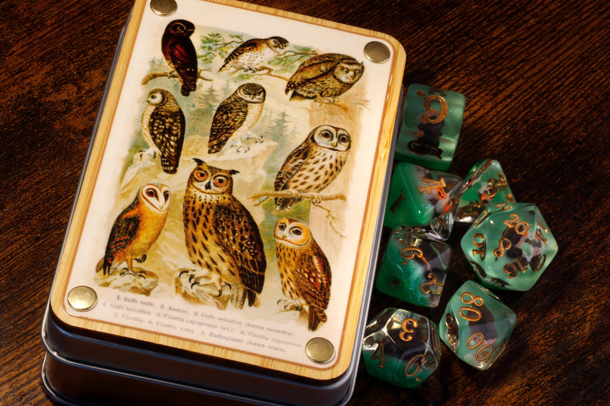 Natural History Owl Dice Box & 7-Piece Set – Owl Inclusions on Green Layer