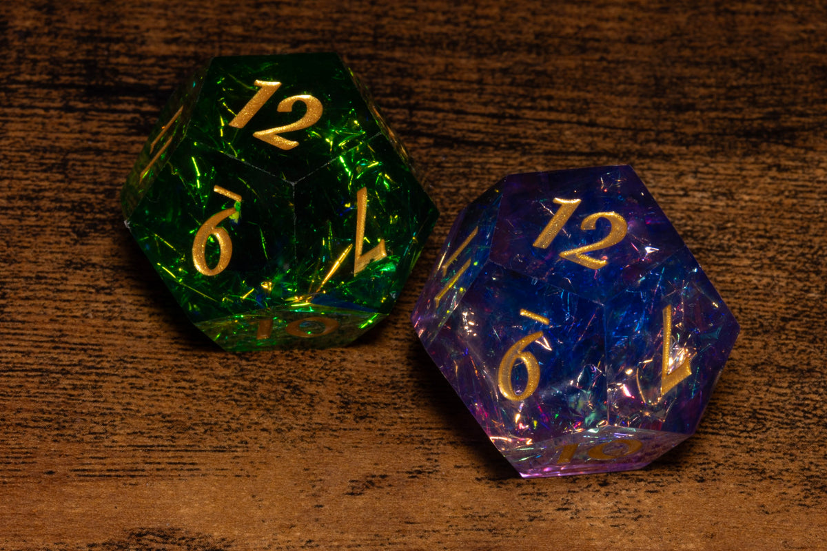 Hope & Fear D12 Set – Sacred Emerald + Sacred Amethyst – Sharp-Edge Resin Duality Dice for Daggerheart