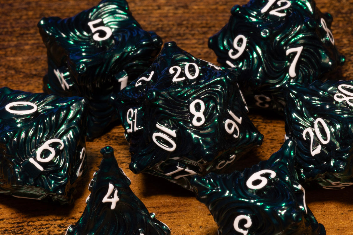 Vortex 7-Piece Metal Dice Set – Dark Teal Green Color-Shifting with White Numbers