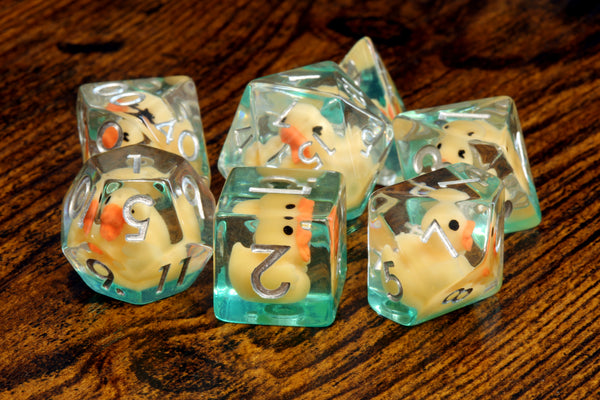 Beware !! The ducklings of doom dice set with metal box