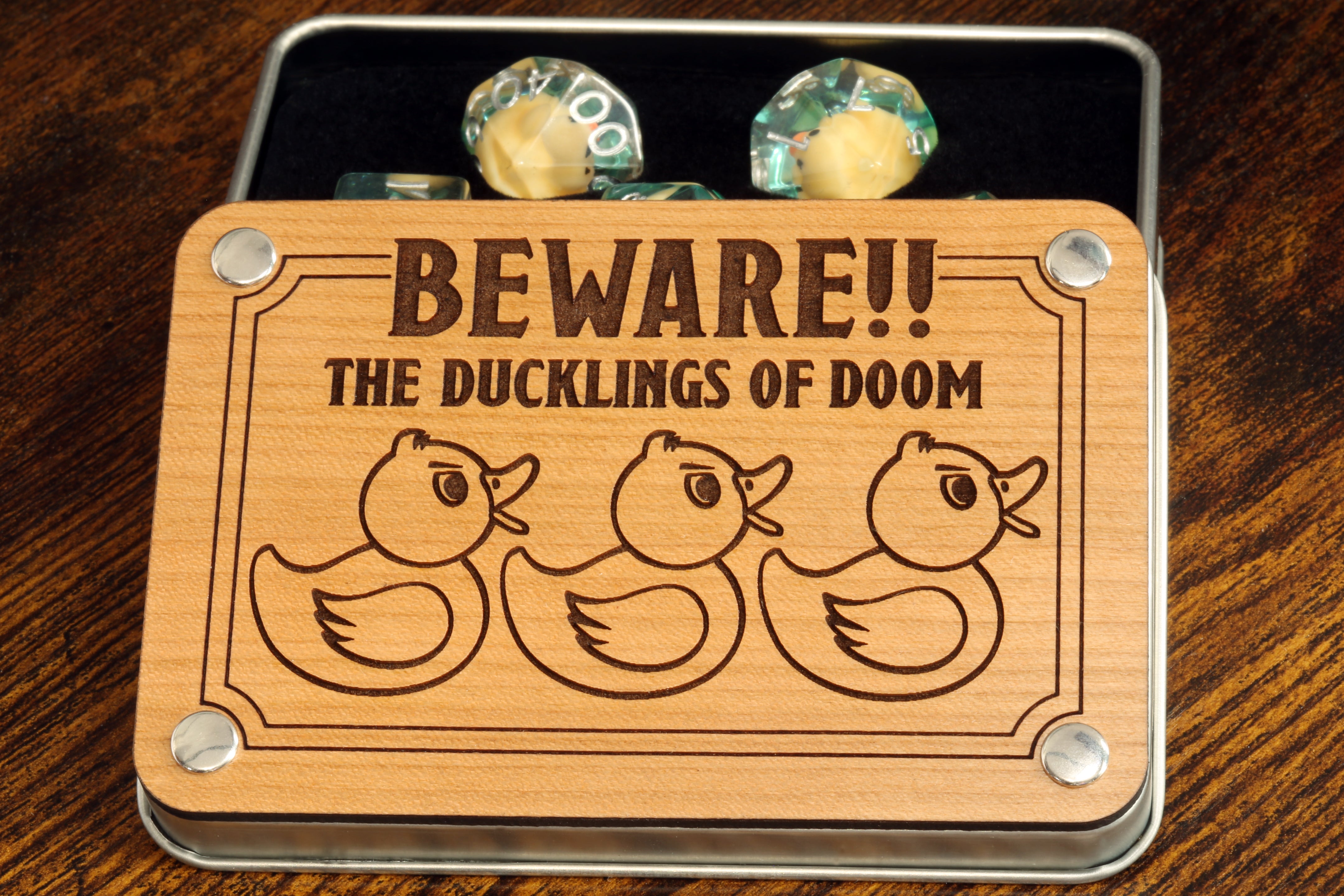 Beware !! The ducklings of doom dice set with metal box - The Wizard's Vault