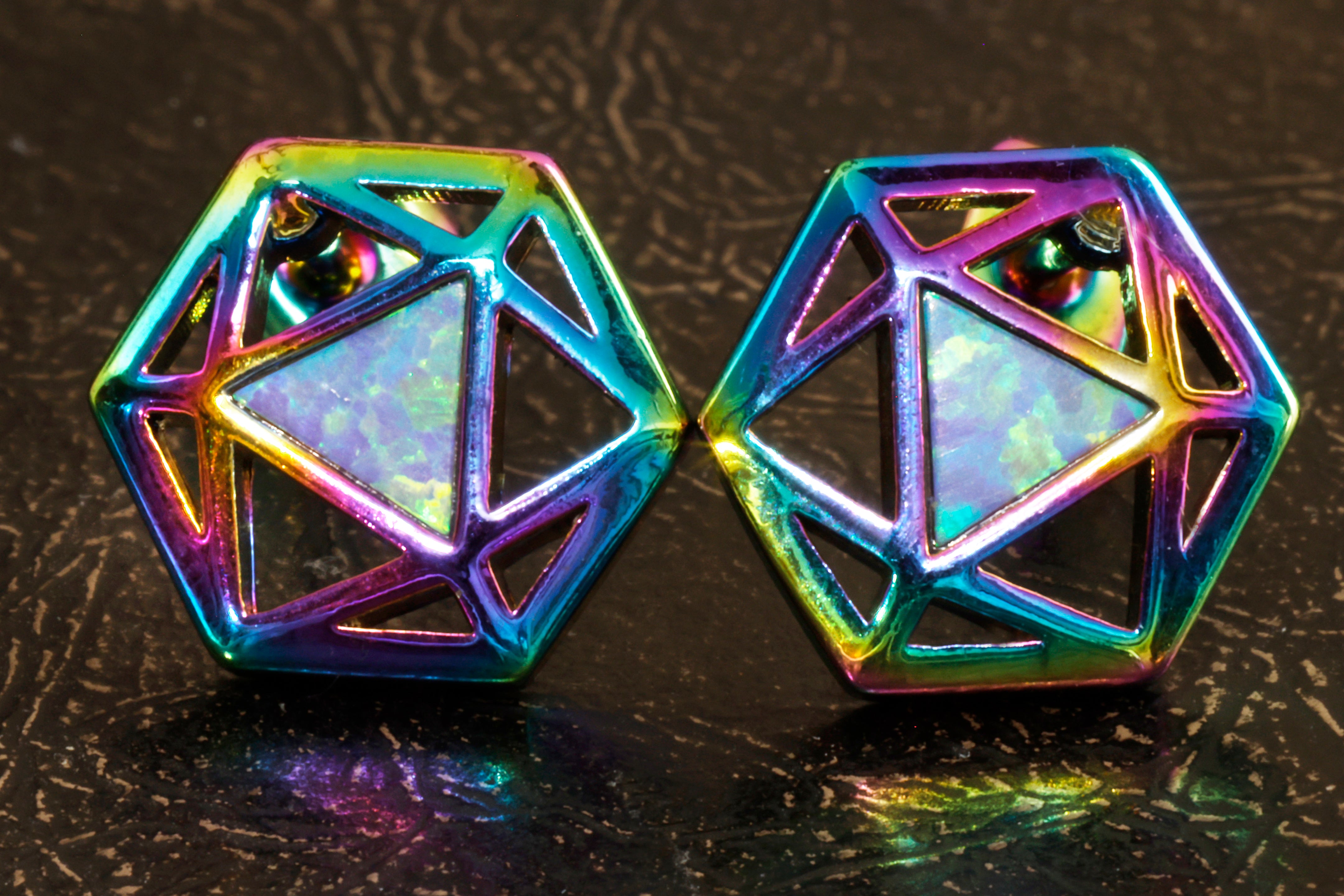 D20 Dice stud earrings with rainbow titanium finish - The Wizard's Vault