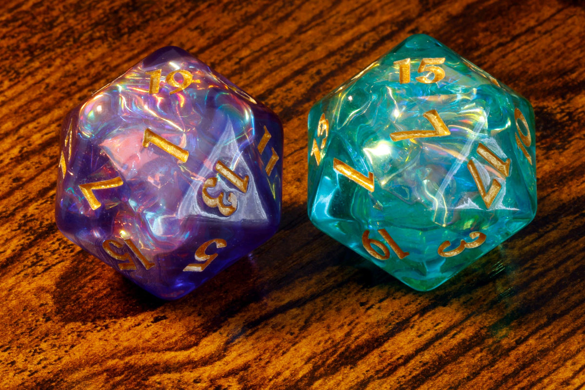 Arcane Opal Large D20 Dice – Frosted Purple & Turquoise with Holographic Foil