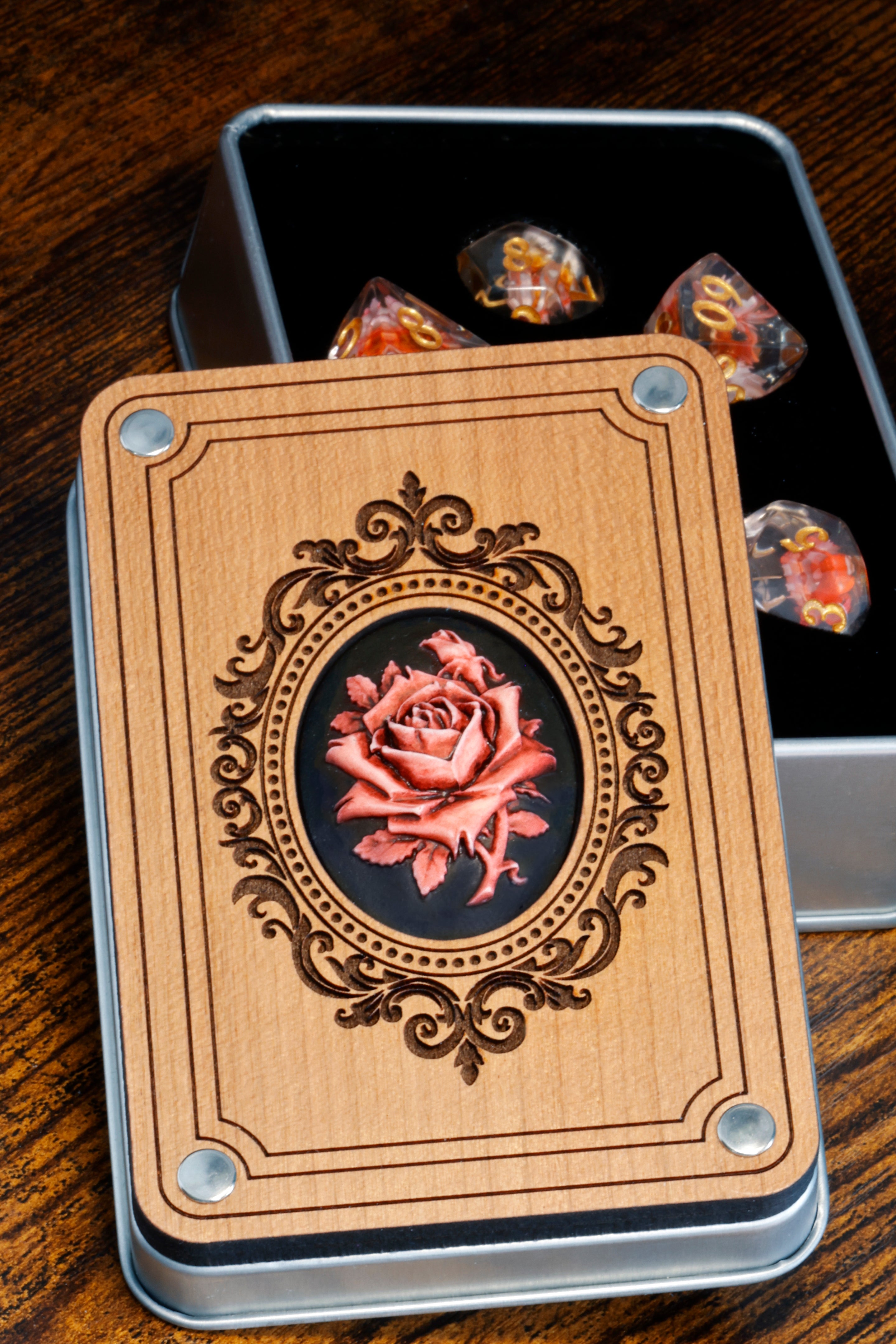 Red Rose dice box and dice wit pink and red flowers - The Wizard's Vault