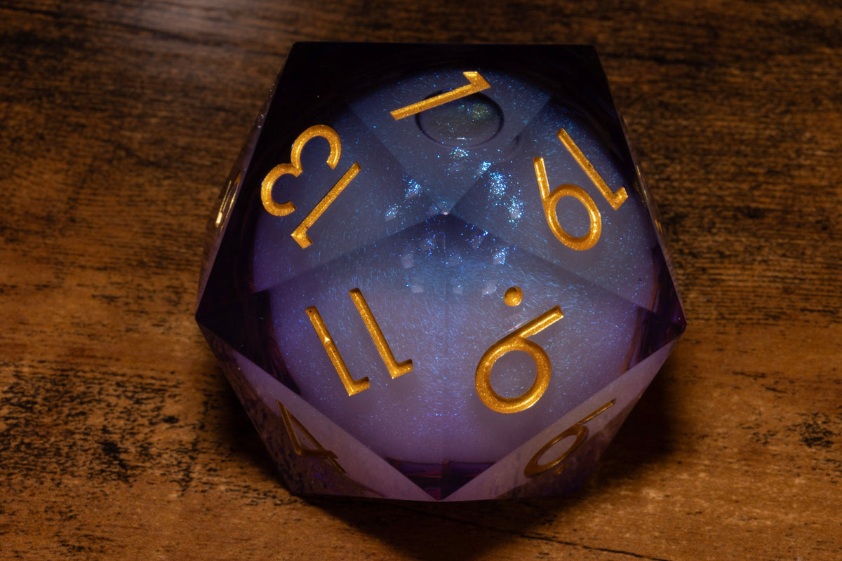 Amethyst Storm Liquid Core Gargantuan D20 – 55mm Chonk D20 with Purple Shimmer Core