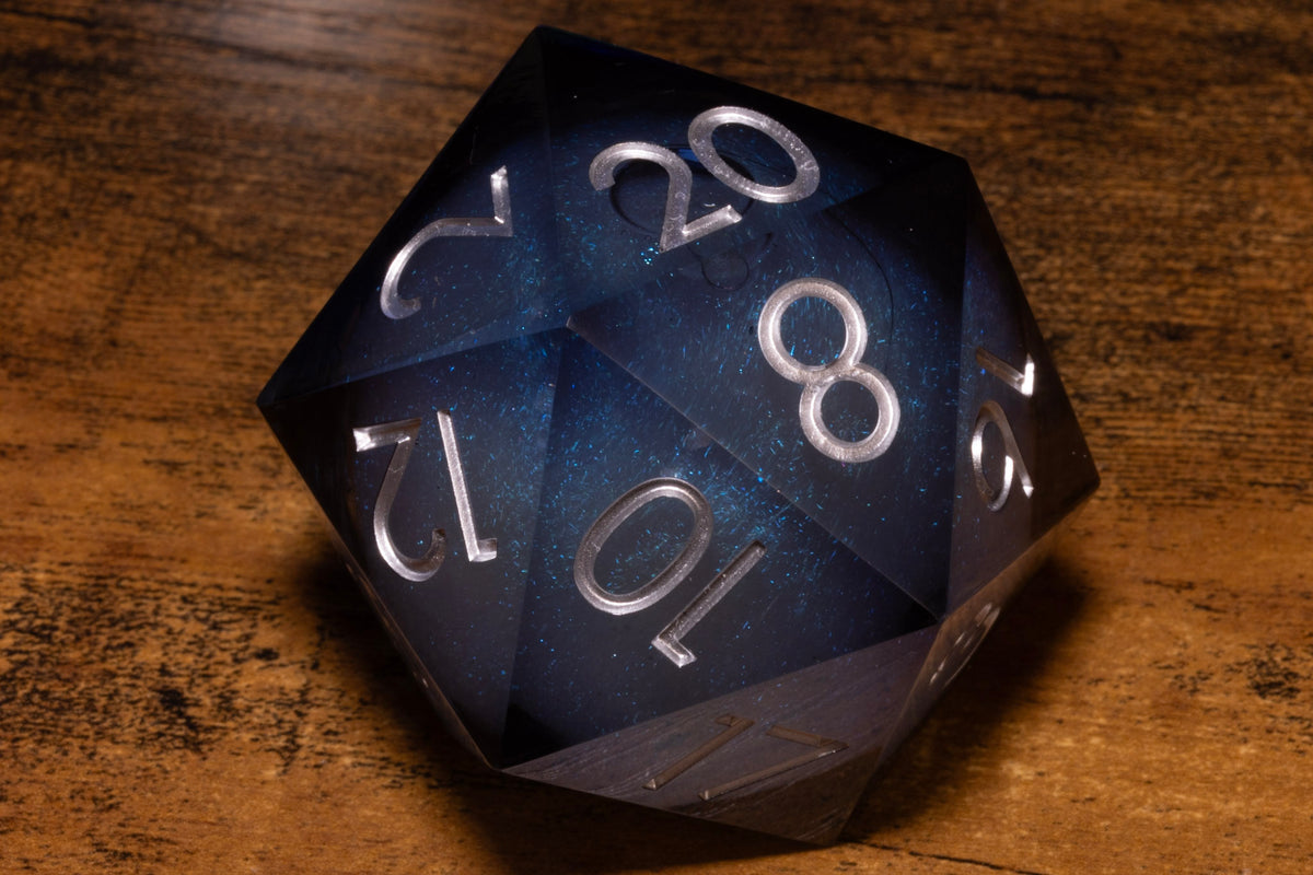 Midnight Tide Liquid Core Gargantuan D20 – 55mm Chonk D20 with Blue-Grey Shimmer Core