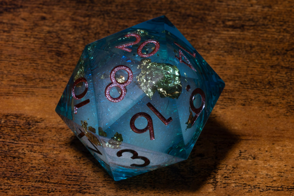 Gilded Lagoon Liquid Core Oversized D20 – Extra Large D20 with Gold Flakes