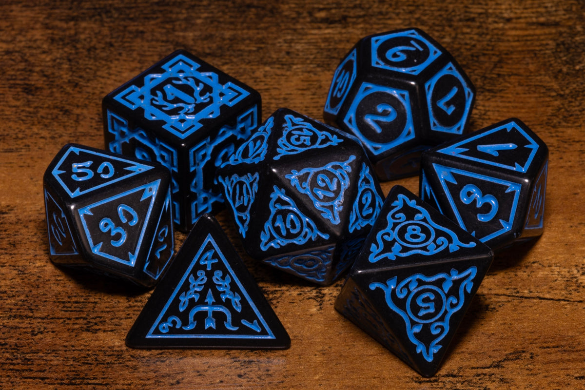 Arcane Scroll 7-Piece Acrylic Dice Set – Black with Blue Engraving