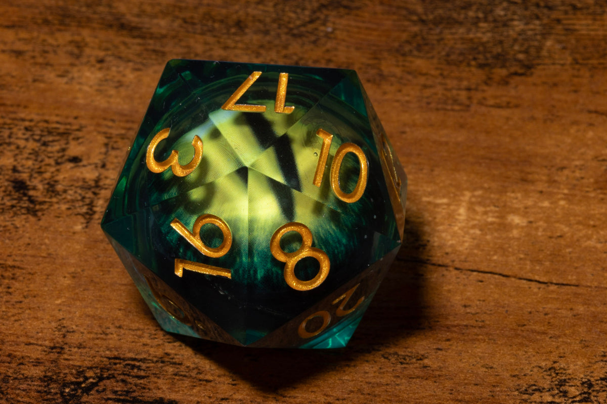 Basilisk Eye Liquid Core Oversized D20 – Extra Large D20 with Green Moving Eye