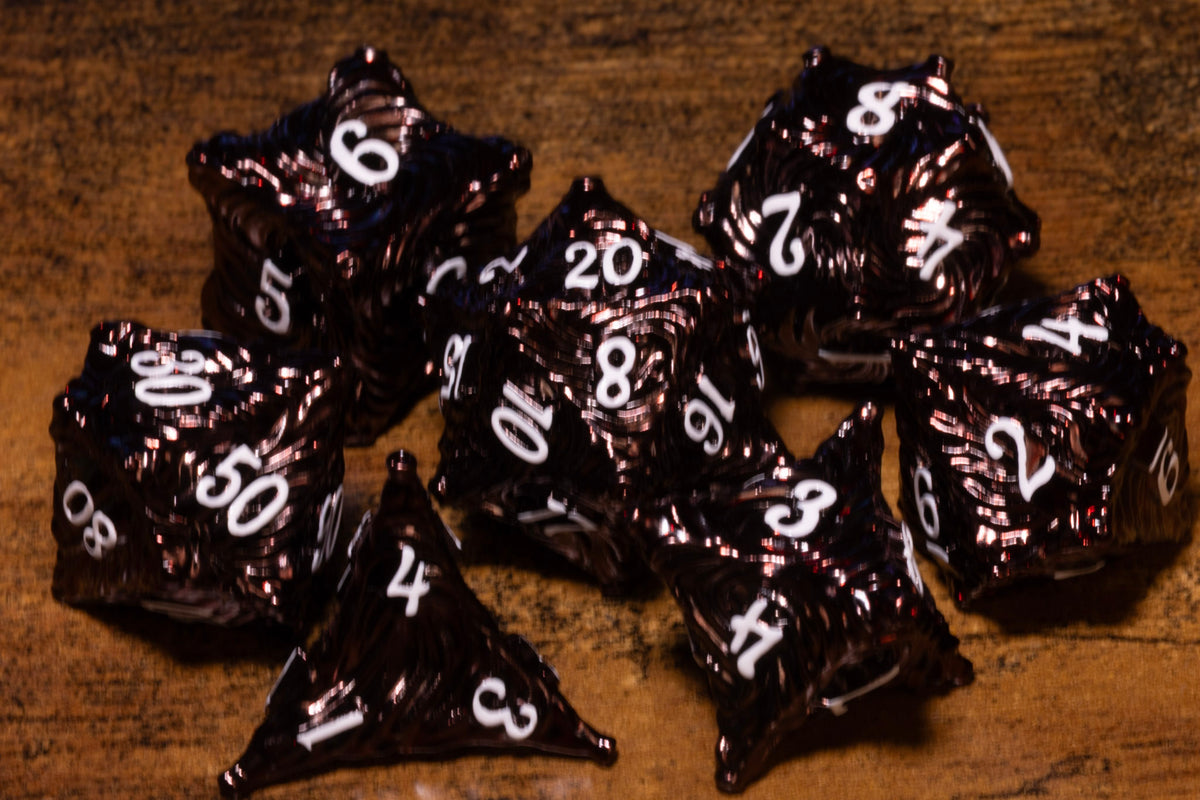 Vortex 7-Piece Metal Dice Set – Dark Red with White Numbers