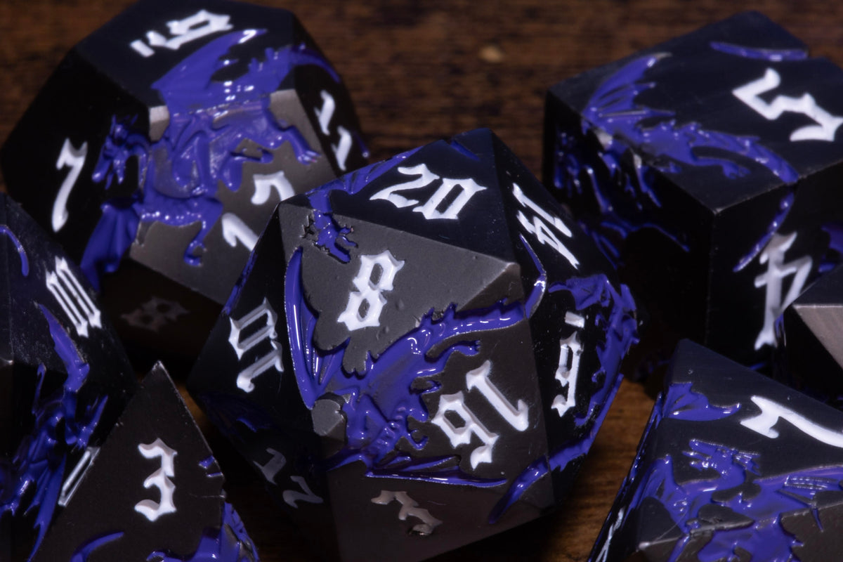 Dragoncore 7-Piece Metal Dice Set – Black with Purple Dragons