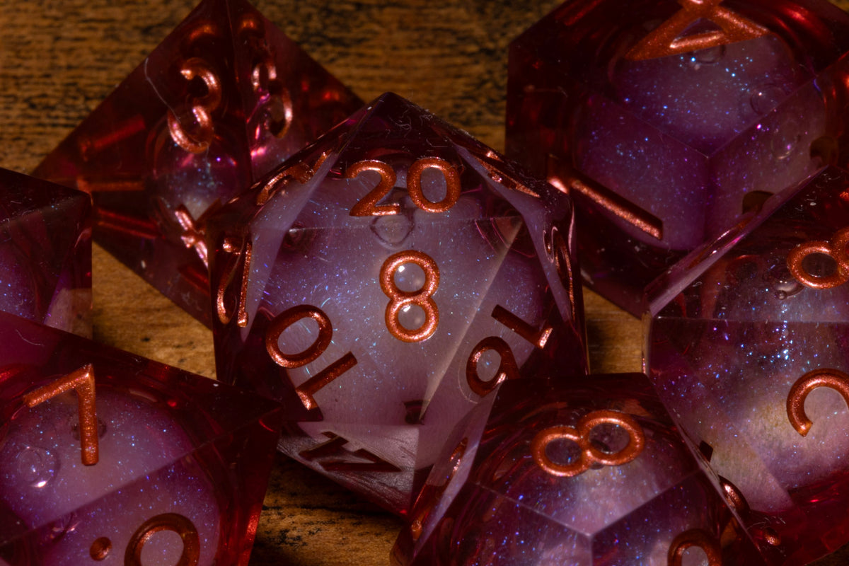 Aether Mist 7-Piece Liquid Core Dice Set – Sharp Edge with Shimmering Pink Core