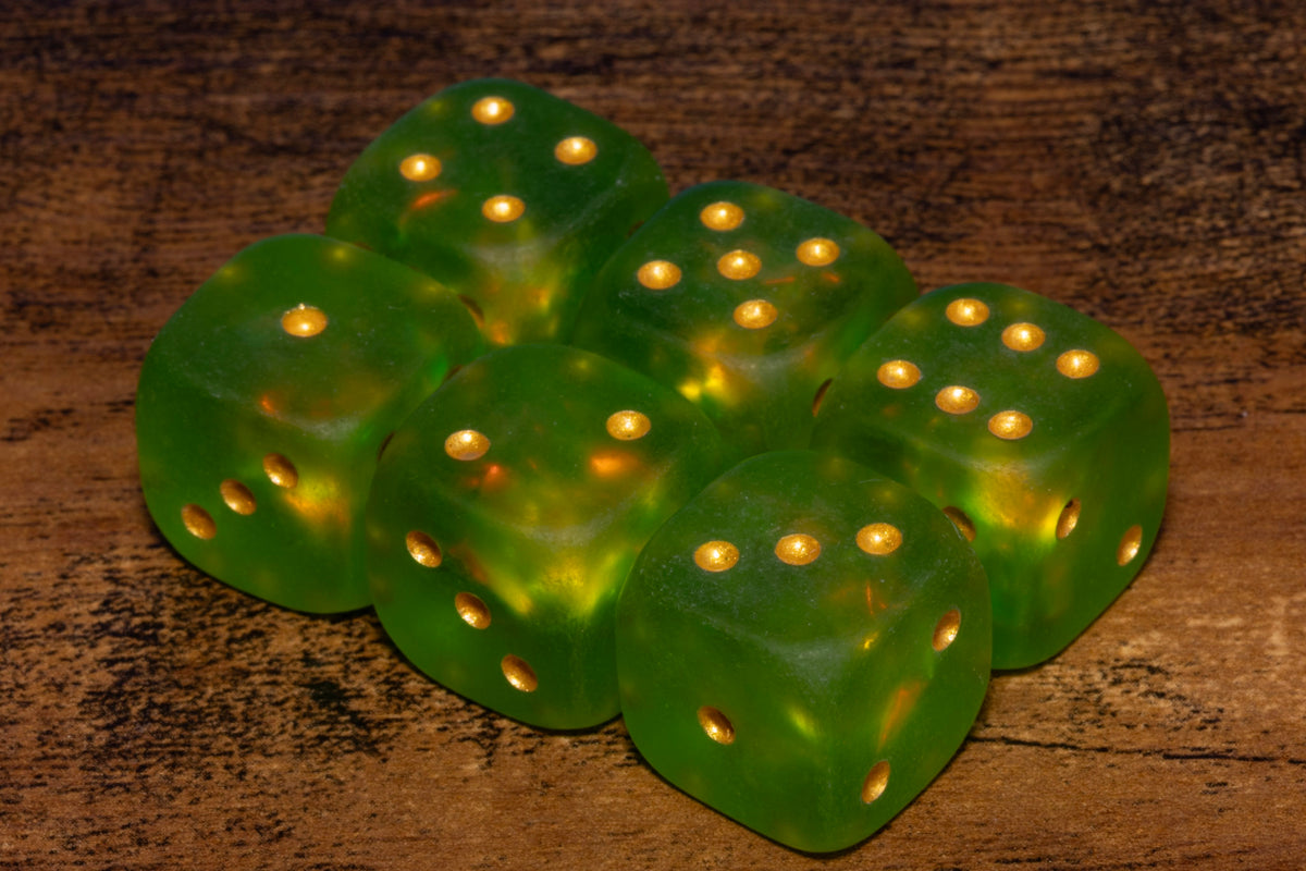 Moss Opal Six-Sided PIP Dice – Frosted Green with Gold Pips