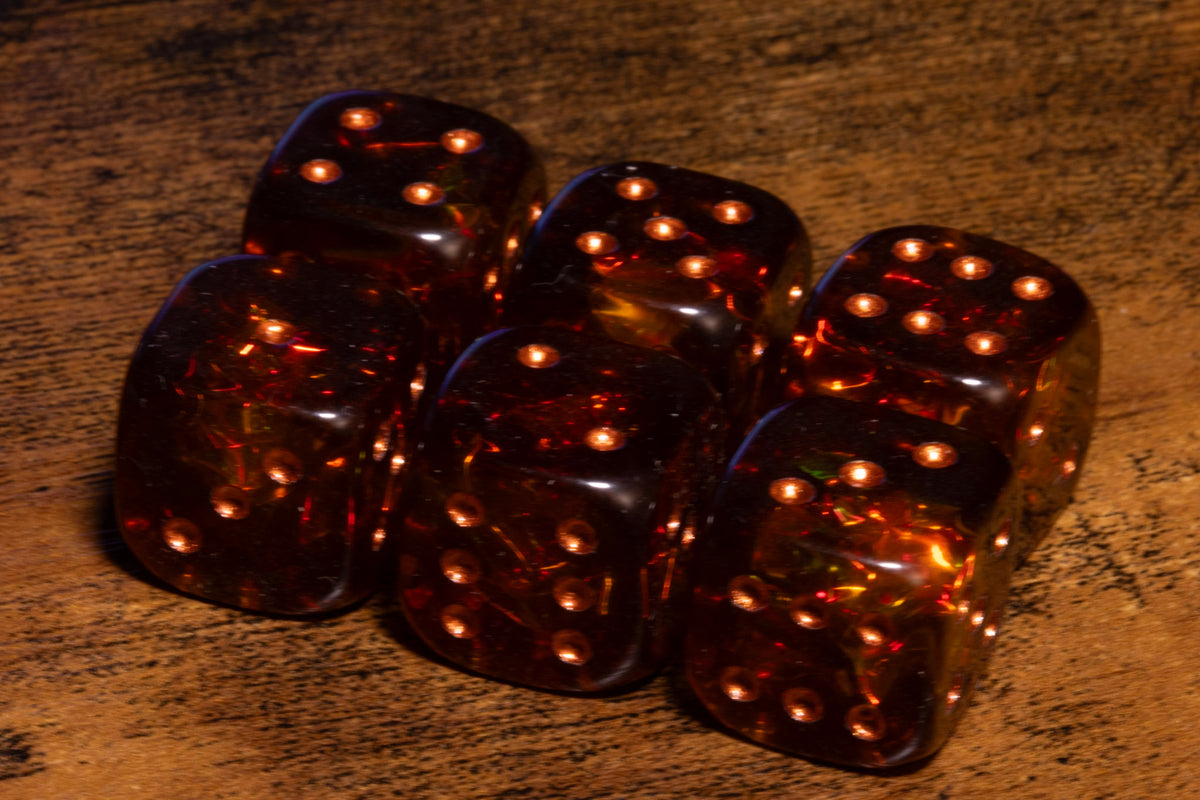 Ember Opal Six-Sided PIP Dice – Translucent Brown with Copper Pips