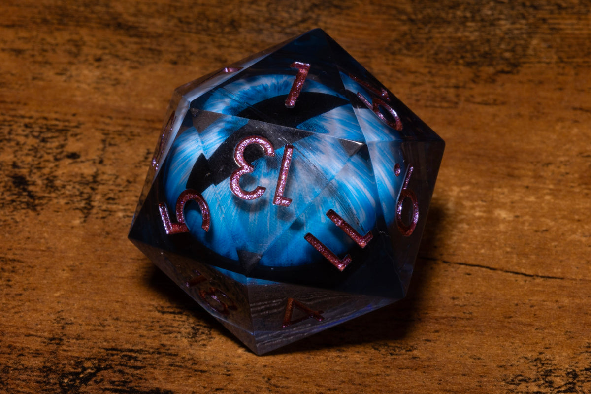 Frost Dragon Eye Liquid Core Oversized D20 – Extra Large D20 with Blue Moving Eye