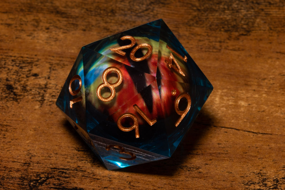 Wyrmfire Dragon Eye Liquid Core Oversized D20 – Extra Large D20 with Green & Red Moving Eye