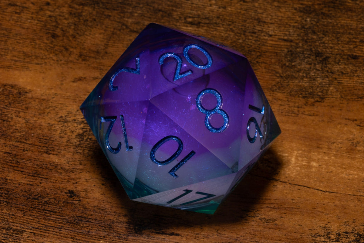 Twilight Mist Liquid Core Gargantuan D20 – 55mm Chonk D20 with Blue & Purple Shimmer Core