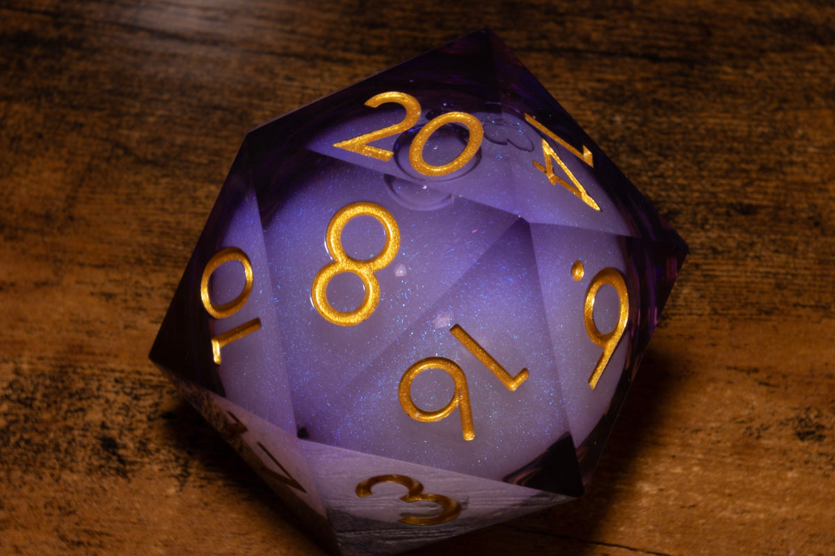 Amethyst Storm Liquid Core Gargantuan D20 – 55mm Chonk D20 with Purple Shimmer Core