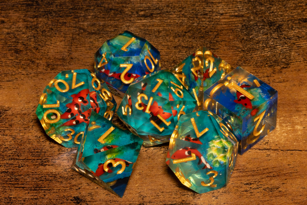 Koi Pond 7-Piece Sharp Edge Dice Set – Teal with Koi Fish Inclusions