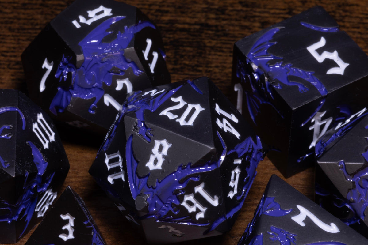 Meowgic 7-Piece Metal Dice Set – Black with Rainbow Cats