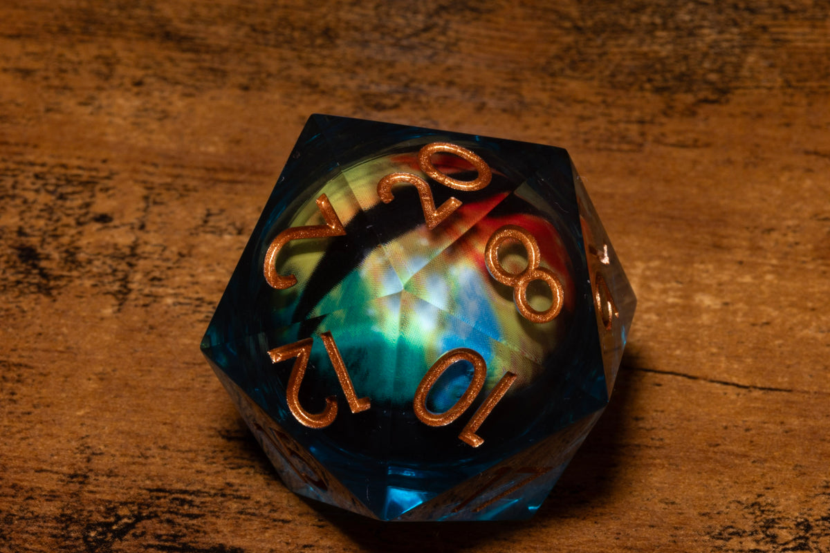 Wyrmfire Dragon Eye Liquid Core Oversized D20 – Extra Large D20 with Green & Red Moving Eye