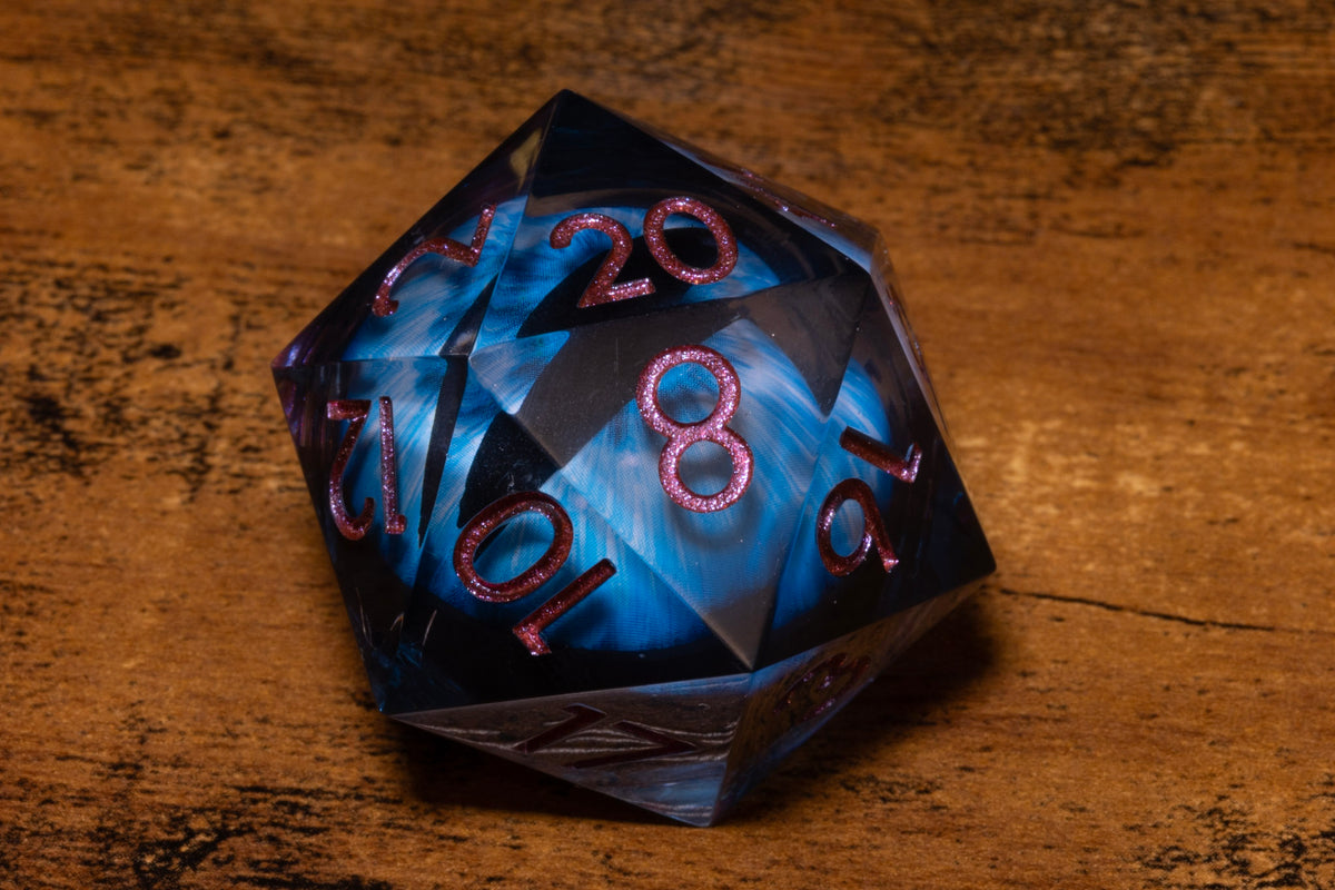 Frost Dragon Eye Liquid Core Oversized D20 – Extra Large D20 with Blue Moving Eye